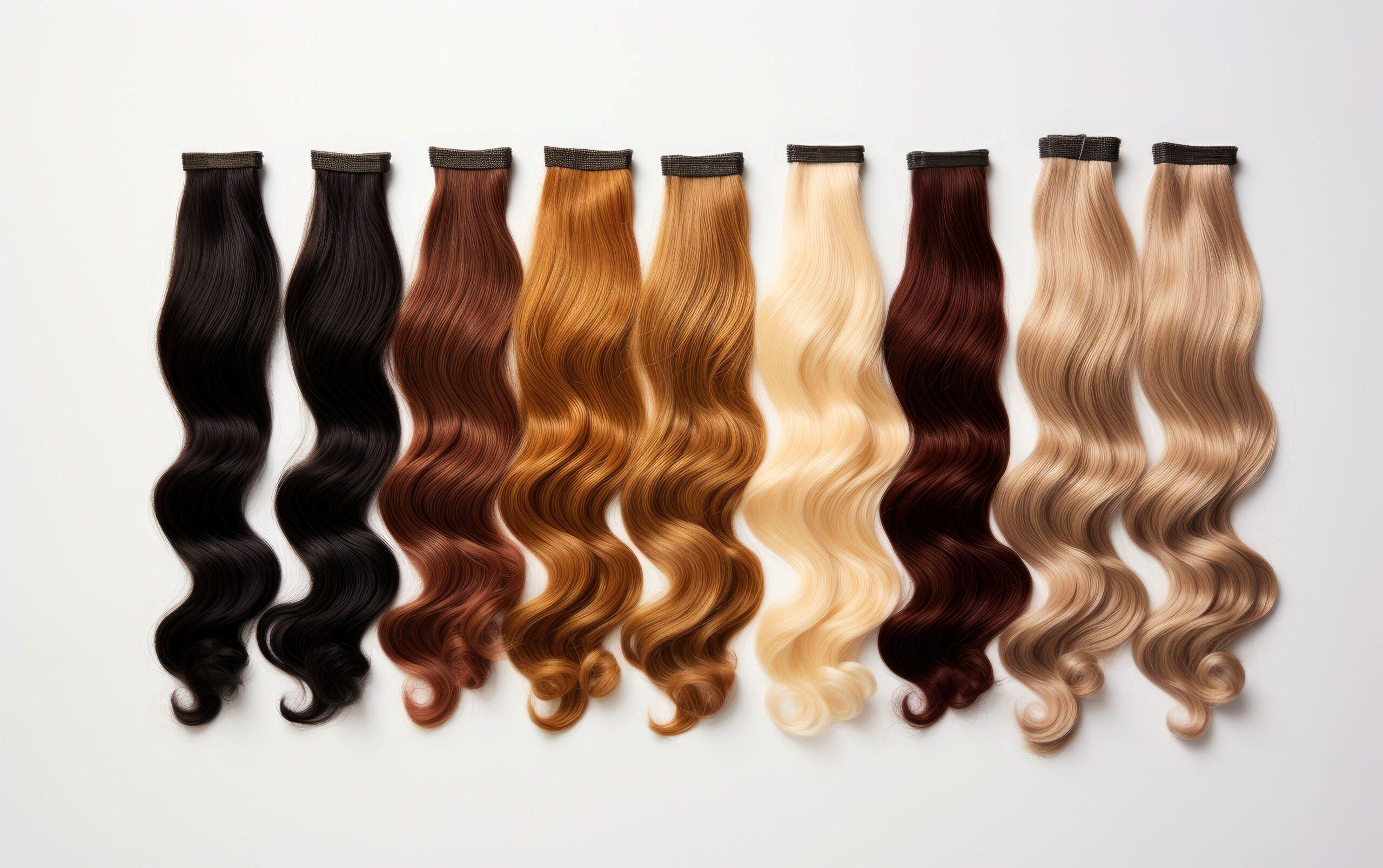 Haarverlängerungsbündel in verschiedenen Farben. Extensions