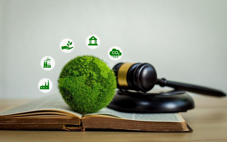 Grüne Weltkugel steht im Buch, dahinter verbirgt sich ein urteilender Hammer. Das Konzept des globalen Naturrechts und des Umwelturteils, bzw. Umweltstrafrechts