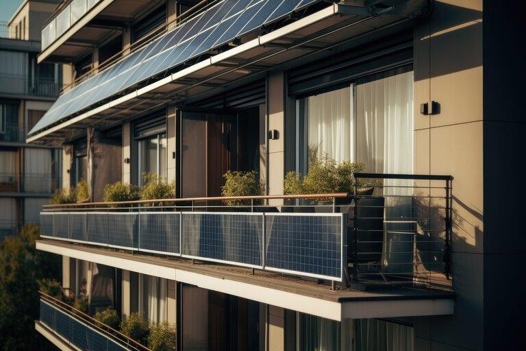 Auf den Balkonen eines Mehrfamilienhauses installierte Sonnenkollektoren. Ein mit Solarzellen ausgestattetes Haus. Ein moderner Balkon, der für die Erzeugung von Solarenergie ausgelegt ist.