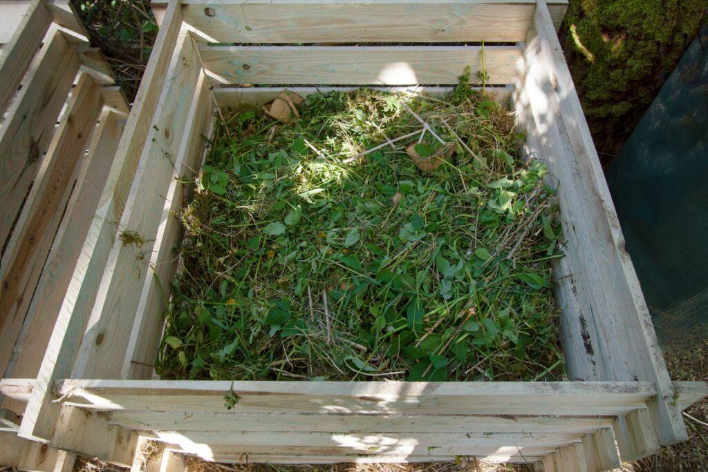 Komposttonne aus Holz, gefüllt mit Unkraut aus dem Garten