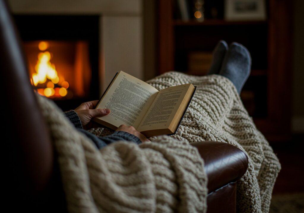 Person liest ein Buch unter einer Decke vor einem brennenden Specksteinofen im Wohnzimmer