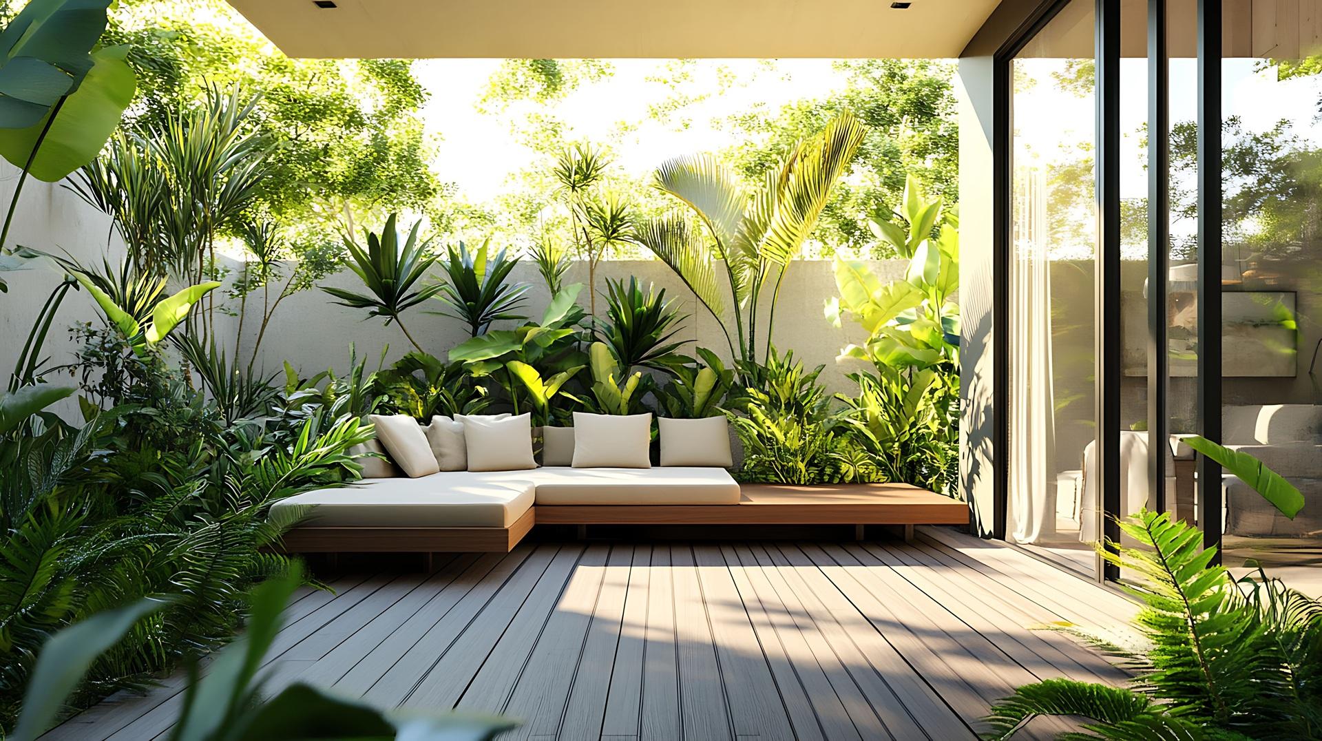 Moderner Gartenbereich mit Loungepflanzen | Terrassenüberdachung Köln