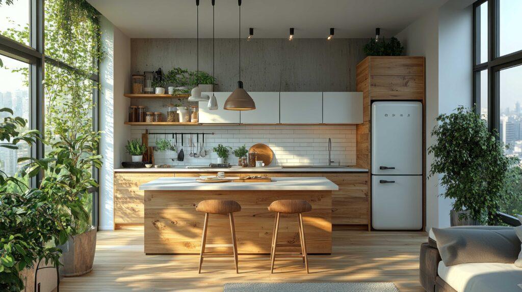 Sonnendurchflutete moderne Küche mit Insel, Holzschränken und zahlreichen Pflanzen.